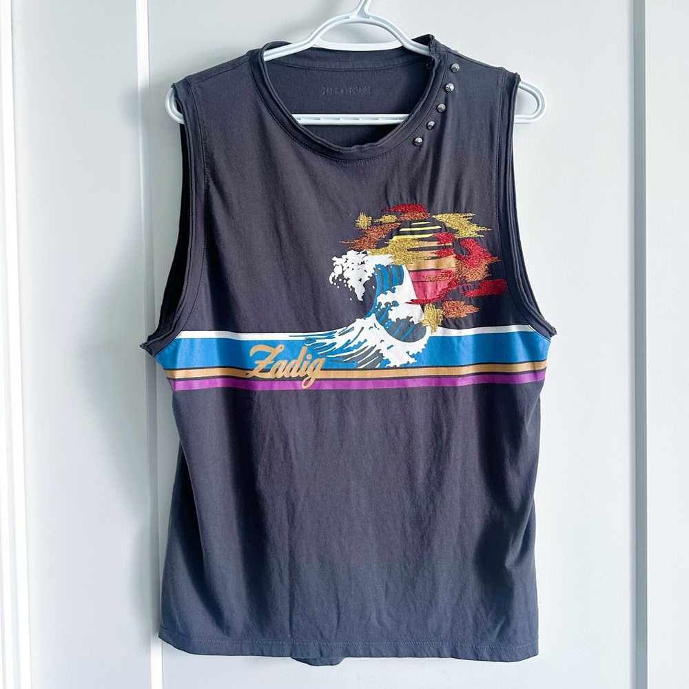 Zadig & Voltaire Grey Waves Graphic Sleeveless Tank Top Summer Vest Shirt Size M